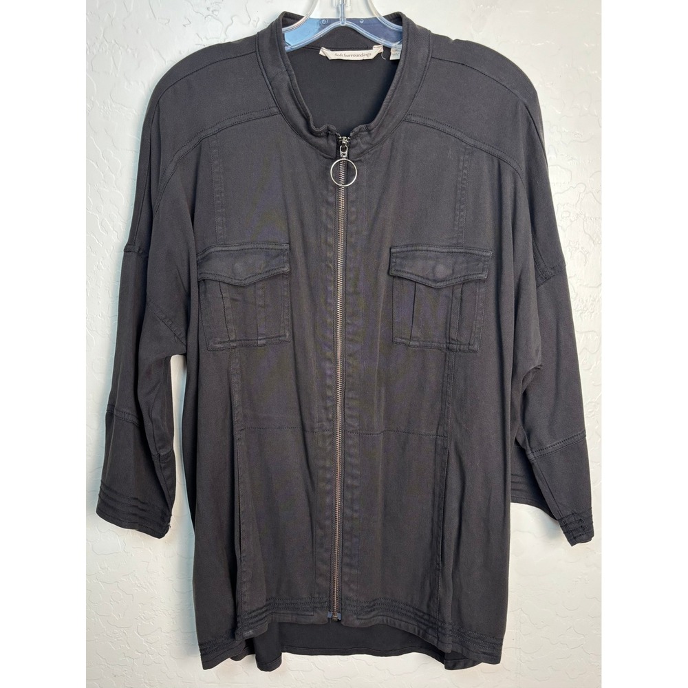 Soft Surroundings Womens XL Black Full Zip Utility Jacket 3/4 Sleeve 2354